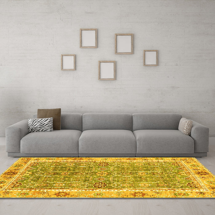 Machine Washable Oriental Yellow Traditional Rug in a Living Room, wshabs3297yw
