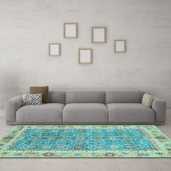 Machine Washable Oriental Light Blue Traditional Rug in a Living Room, wshabs3297lblu