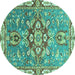 Round Machine Washable Geometric Turquoise Traditional Area Rugs, wshabs3299turq