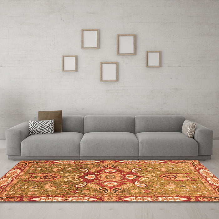Machine Washable Geometric Orange Traditional Area Rugs in a Living Room, wshabs3299org