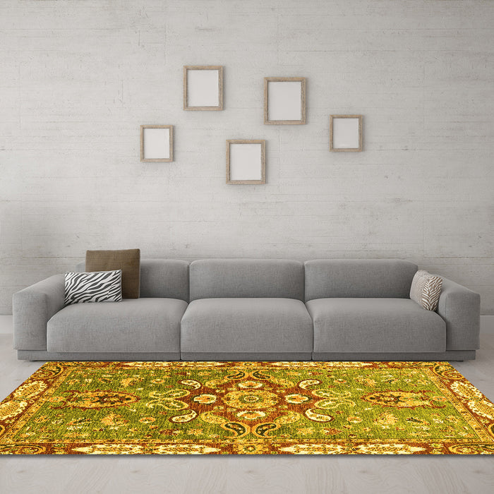 Machine Washable Geometric Yellow Traditional Rug in a Living Room, wshabs3299yw