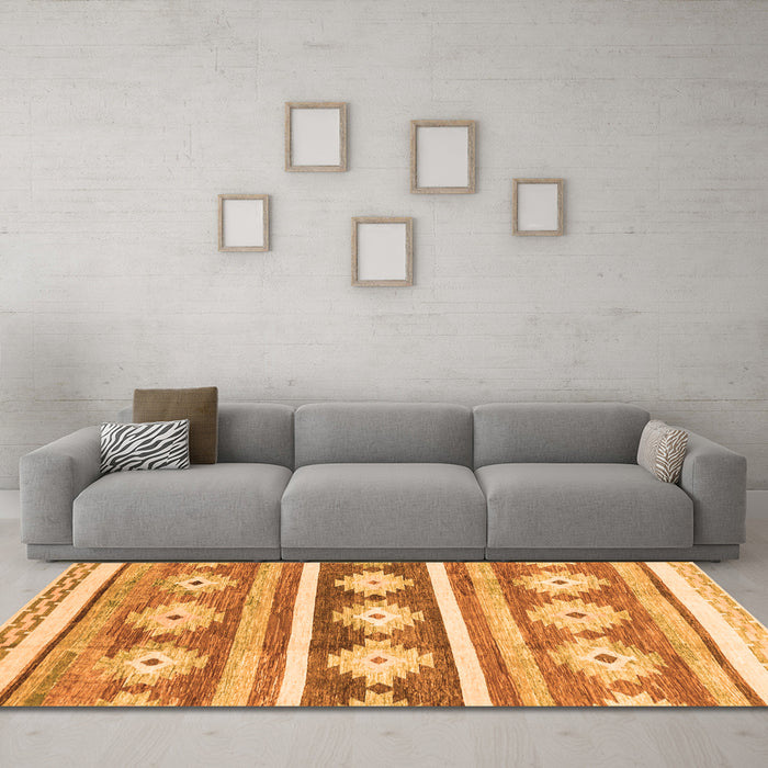 Machine Washable Abstract Orange Modern Area Rugs in a Living Room, wshabs3307org