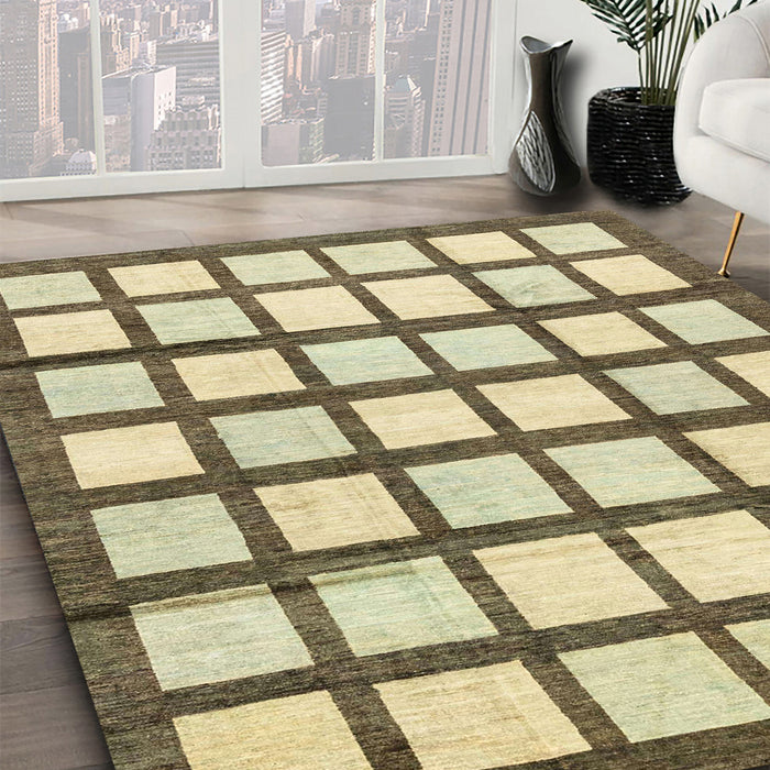 Abstract Brown Gold Checkered Rug in Family Room, abs3309