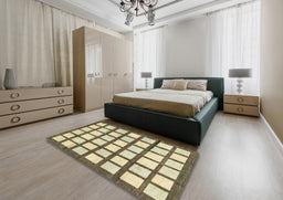 Abstract Brown Gold Checkered Rug in a Bedroom, abs3309