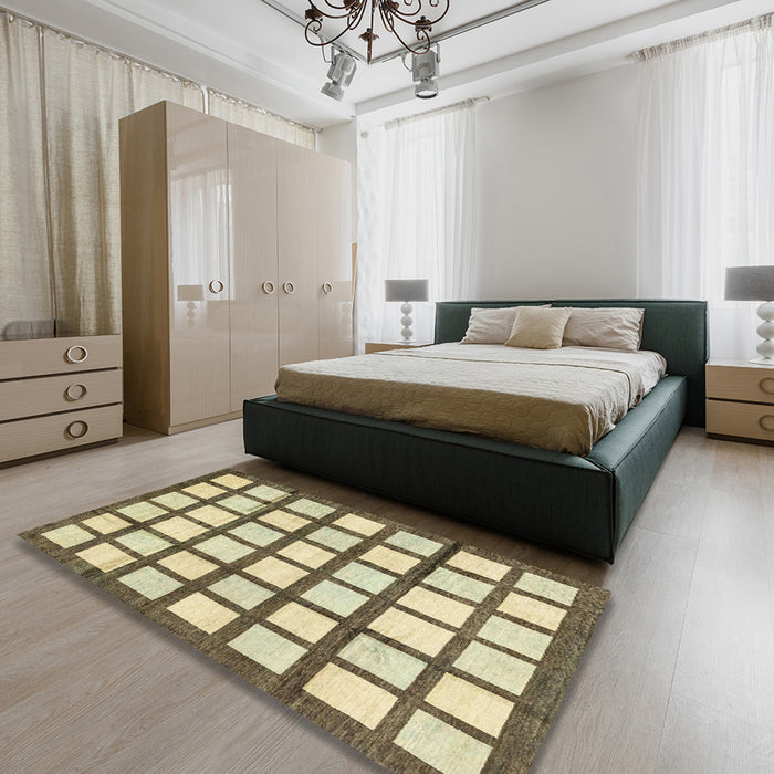 Abstract Brown Gold Checkered Rug in a Bedroom, abs3309
