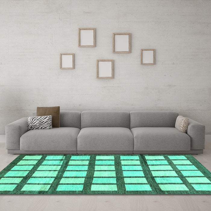 Machine Washable Checkered Turquoise Modern Area Rugs in a Living Room,, wshabs3309turq