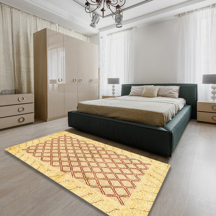 Abstract Mustard Yellow Modern Rug in a Bedroom, abs3313