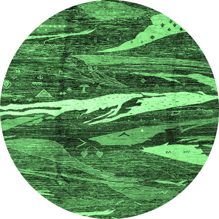 Round Machine Washable Abstract Emerald Green Modern Area Rugs, wshabs3324emgrn