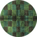 Round Machine Washable Checkered Turquoise Modern Area Rugs, wshabs3329turq