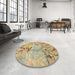 Round Machine Washable Abstract Ginger Brown Green Rug in a Office, wshabs3334