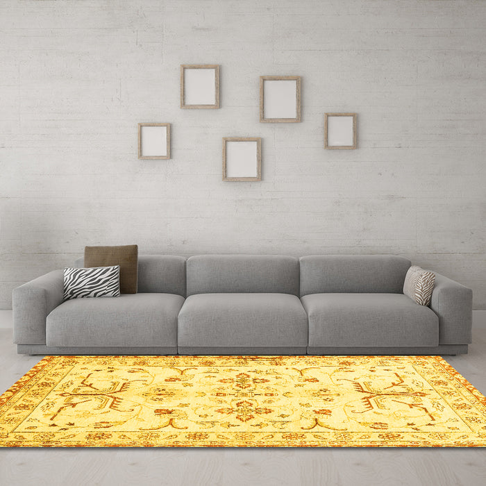 Machine Washable Oriental Yellow Traditional Rug in a Living Room, wshabs3335yw