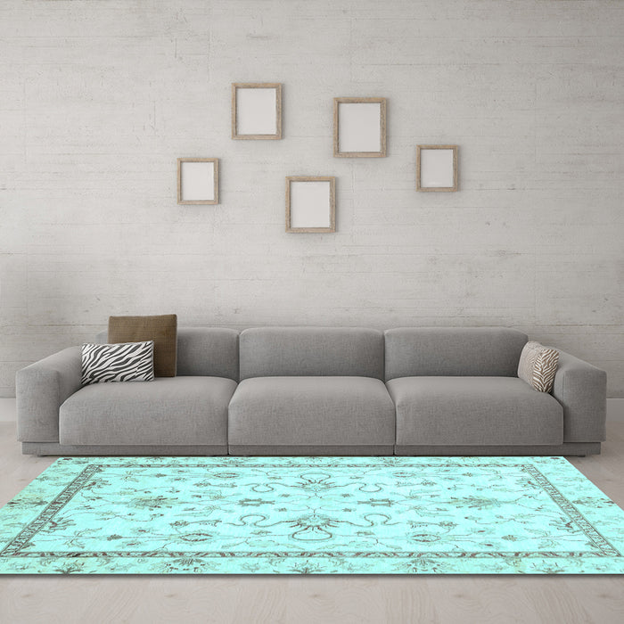 Machine Washable Oriental Light Blue Traditional Rug in a Living Room, wshabs3336lblu