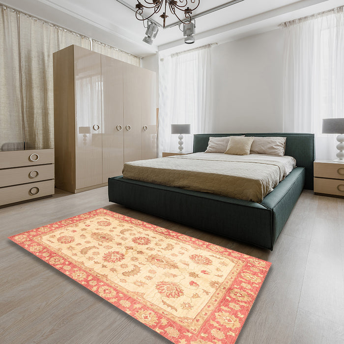Abstract Brown Gold Oriental Rug in a Bedroom, abs3337