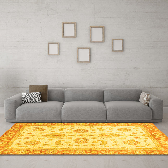 Machine Washable Oriental Yellow Traditional Rug in a Living Room, wshabs3337yw