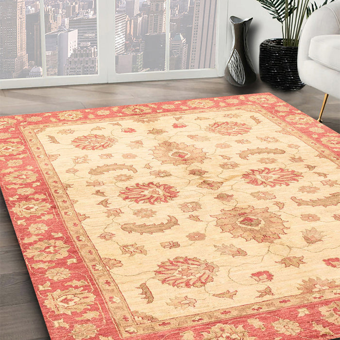 Abstract Brown Gold Oriental Rug in Family Room, abs3337