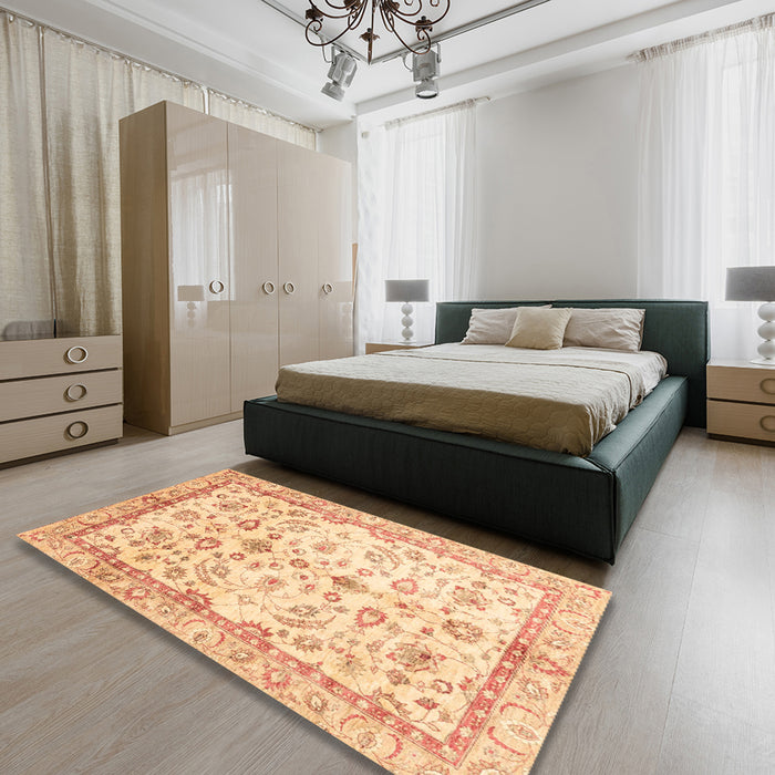 Abstract Mustard Yellow Oriental Rug in a Bedroom, abs3338