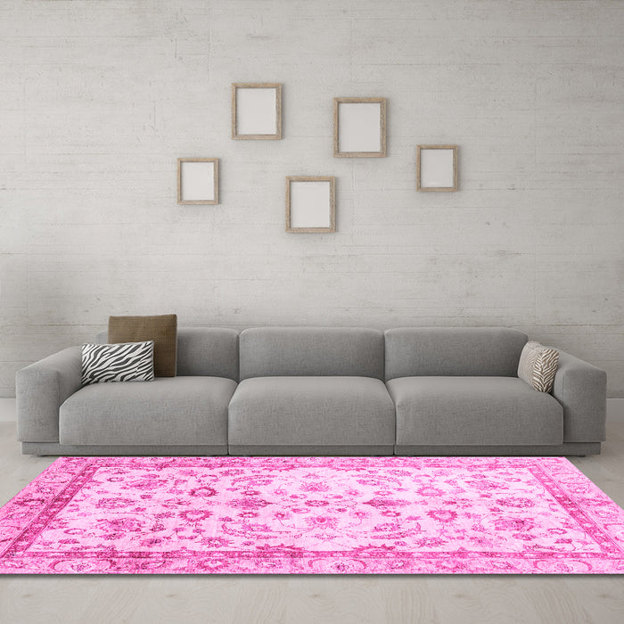 Machine Washable Oriental Pink Traditional Rug in a Living Room, wshabs3338pnk