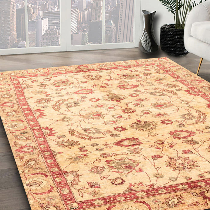 Abstract Mustard Yellow Oriental Rug in Family Room, abs3338