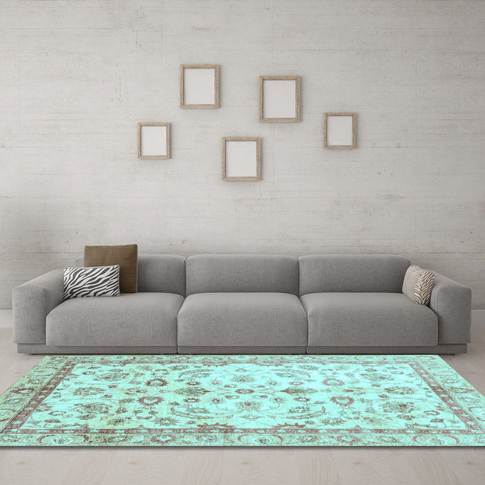 Machine Washable Oriental Light Blue Traditional Rug in a Living Room, wshabs3338lblu
