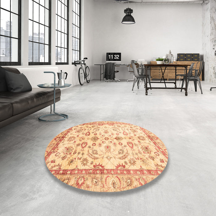 Round Machine Washable Abstract Mustard Yellow Rug in a Office, wshabs3338