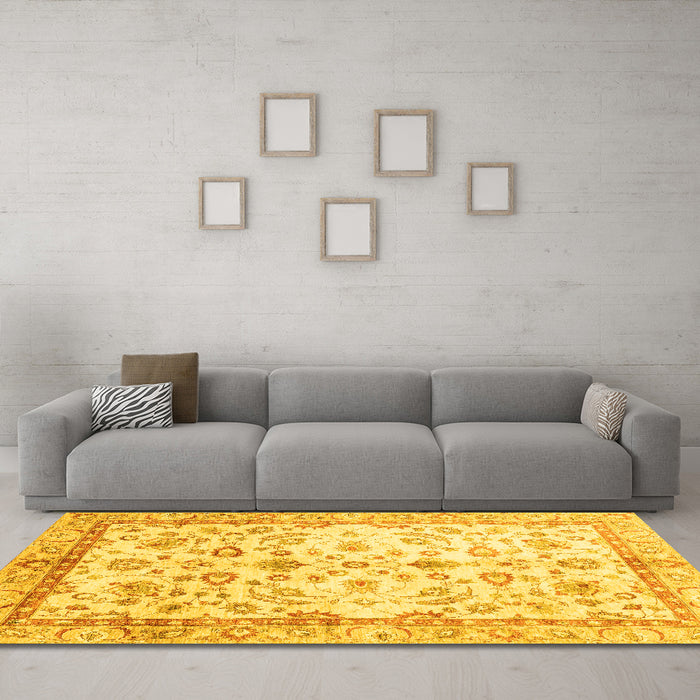 Machine Washable Oriental Yellow Traditional Rug in a Living Room, wshabs3338yw