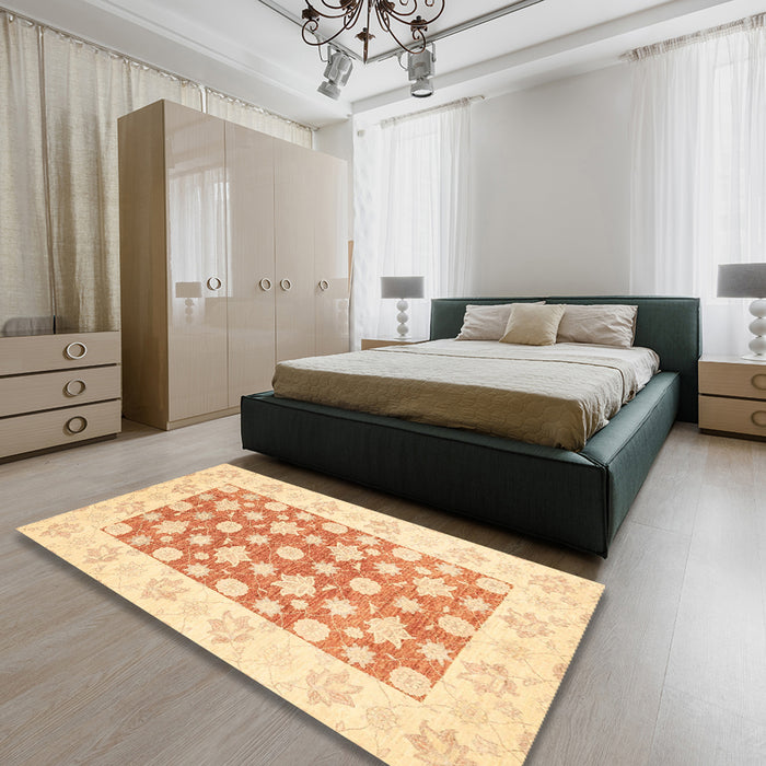 Abstract Sun Yellow Oriental Rug in a Bedroom, abs3339