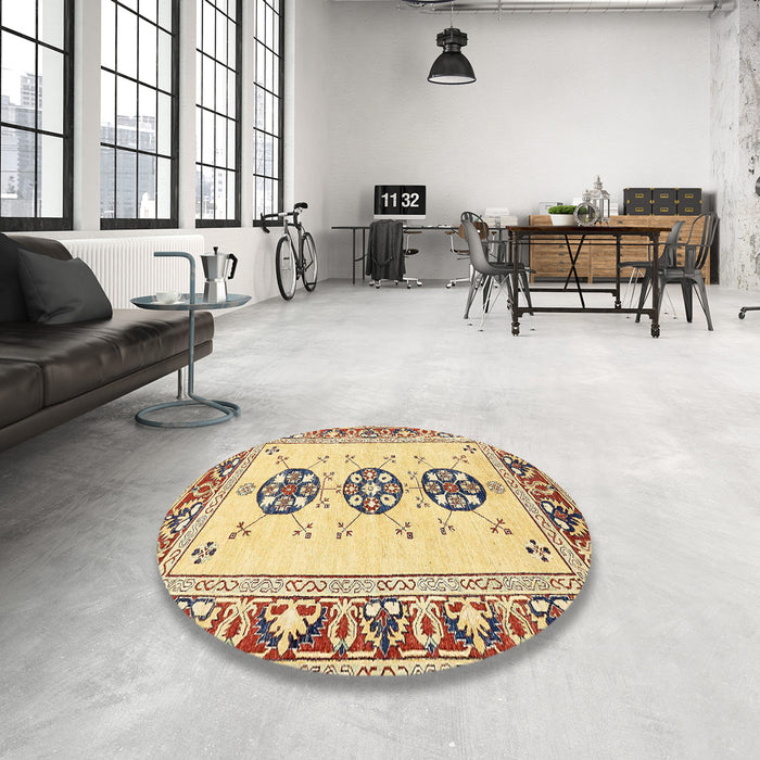 Round Machine Washable Abstract Mustard Yellow Rug in a Office, wshabs333