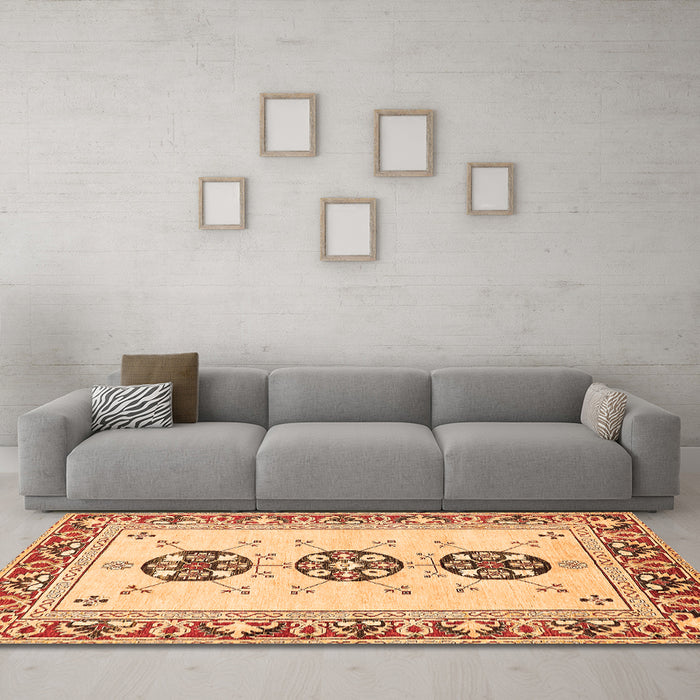 Machine Washable Abstract Orange Modern Area Rugs in a Living Room, wshabs333org