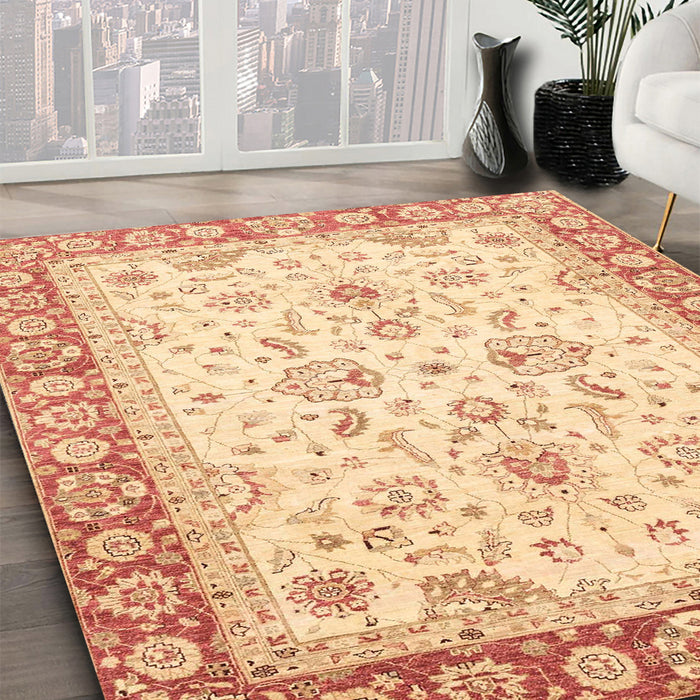 Abstract Brown Gold Oriental Rug in Family Room, abs3340