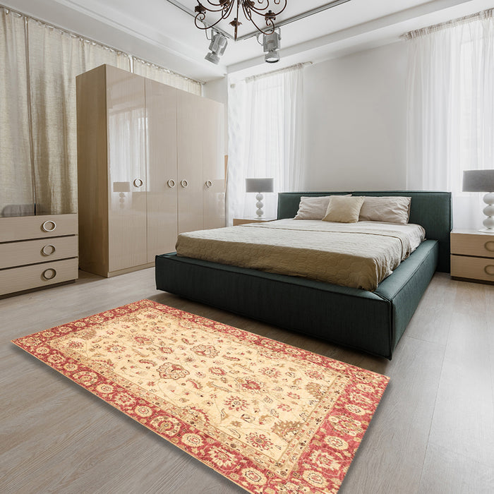 Machine Washable Abstract Brown Gold Rug in a Bedroom, wshabs3340