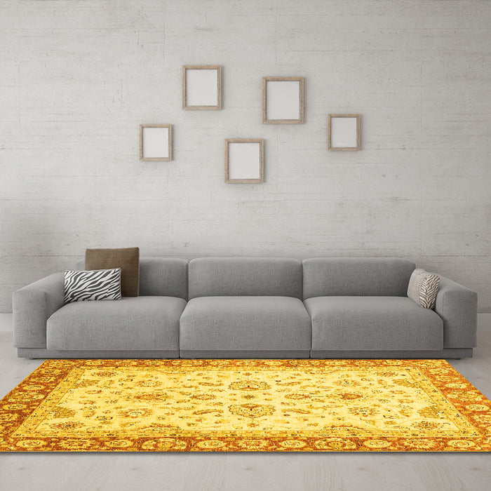 Machine Washable Oriental Yellow Traditional Rug in a Living Room, wshabs3340yw