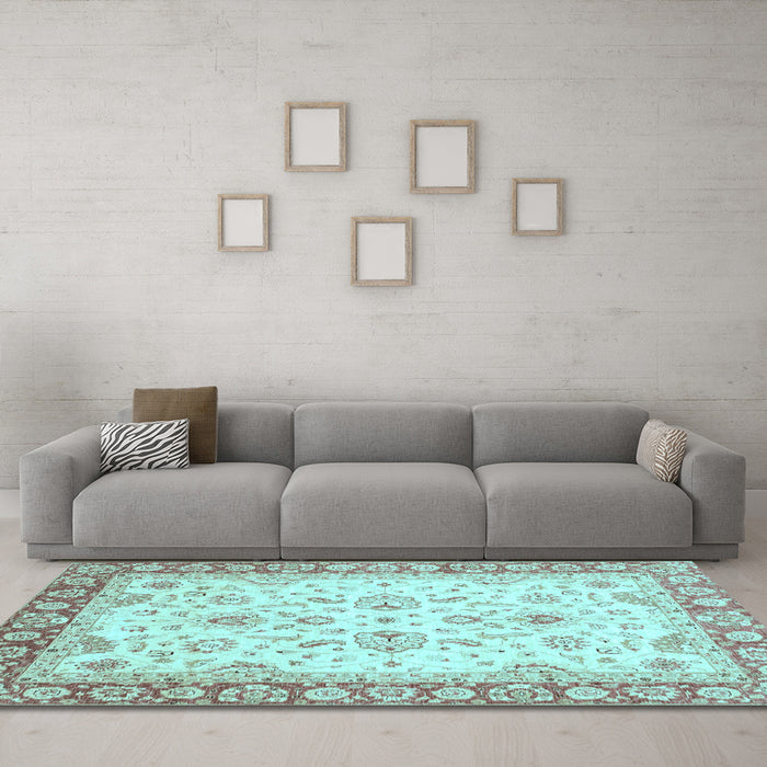 Machine Washable Oriental Light Blue Traditional Rug in a Living Room, wshabs3340lblu