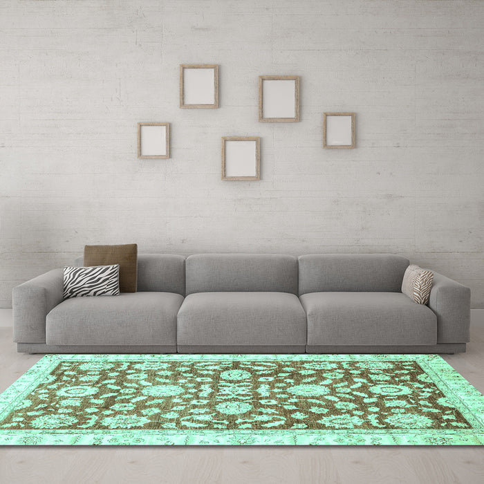 Machine Washable Oriental Turquoise Traditional Area Rugs in a Living Room,, wshabs3341turq