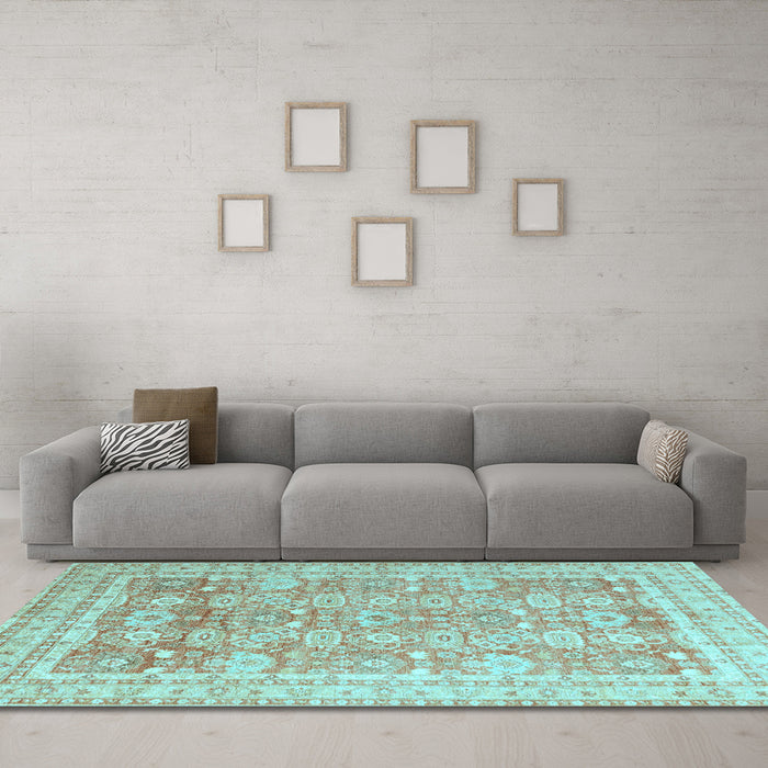 Machine Washable Oriental Light Blue Traditional Rug in a Living Room, wshabs3342lblu