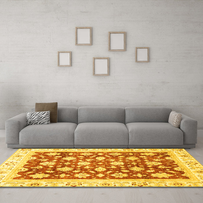 Machine Washable Oriental Yellow Traditional Rug in a Living Room, wshabs3343yw