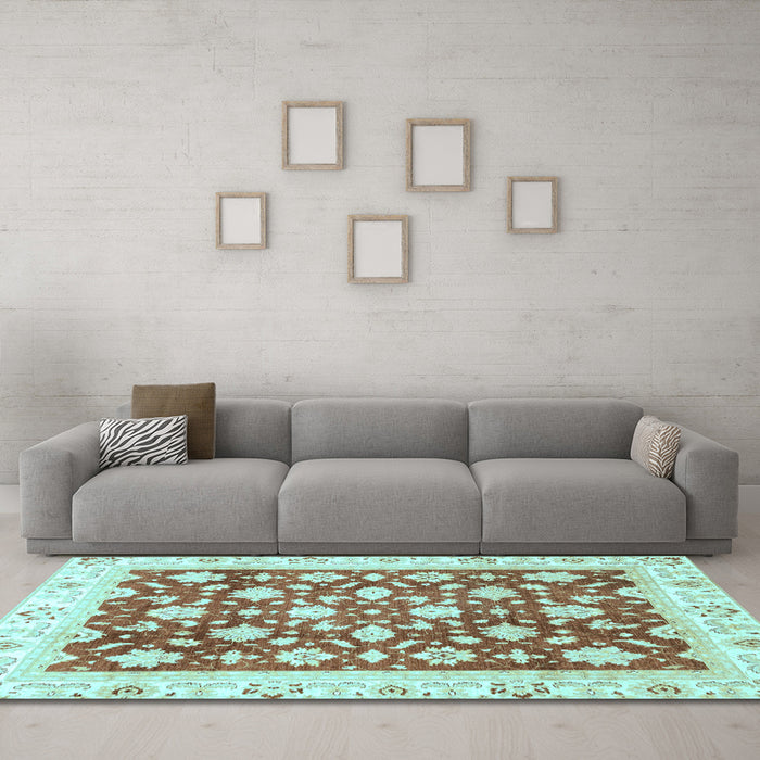 Machine Washable Oriental Light Blue Traditional Rug in a Living Room, wshabs3343lblu