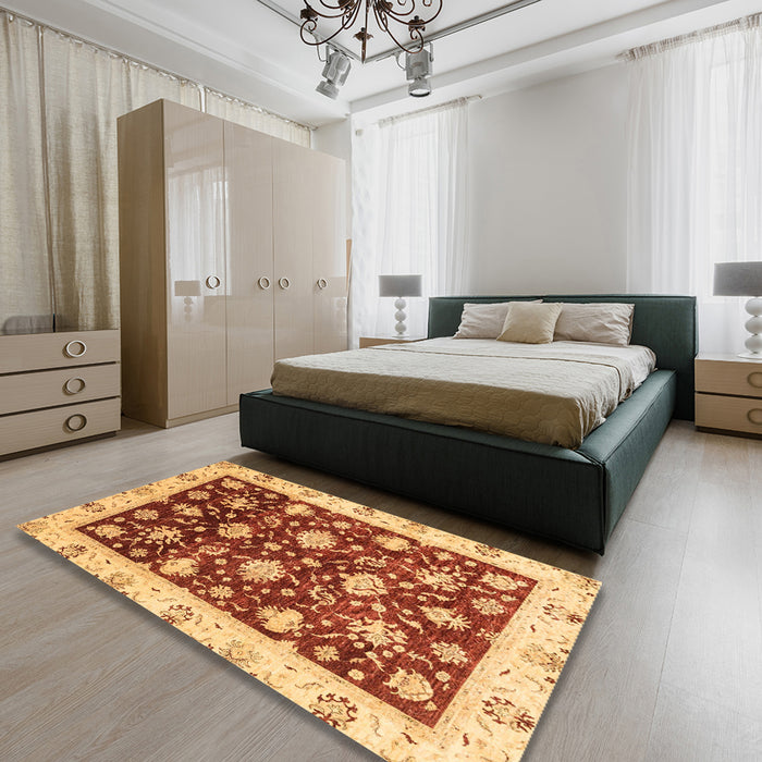 Abstract Saffron Yellow Oriental Rug in a Bedroom, abs3344