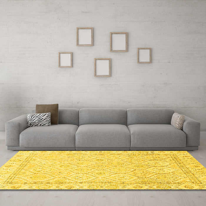 Machine Washable Oriental Yellow Traditional Rug in a Living Room, wshabs3345yw