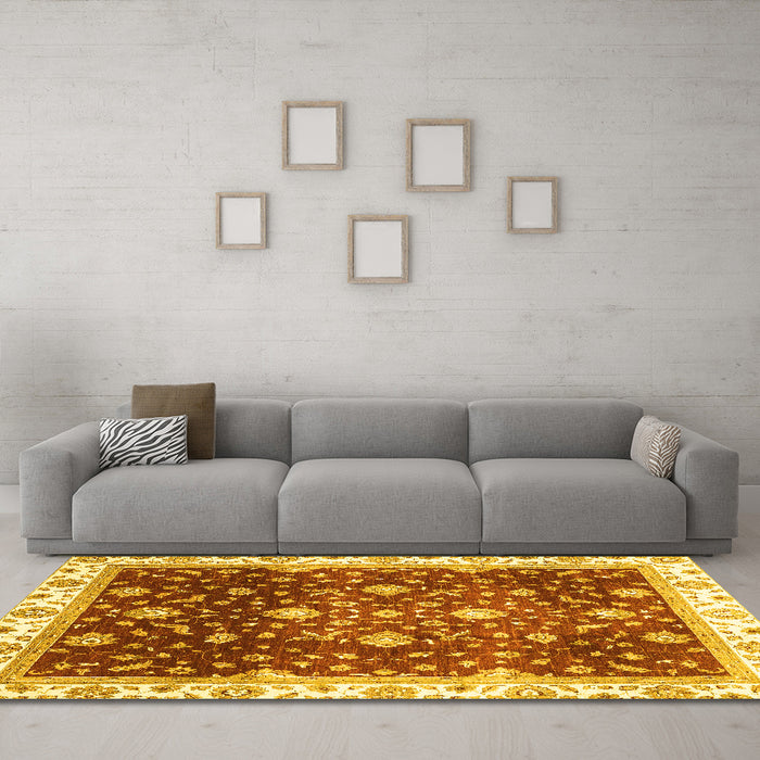 Machine Washable Oriental Yellow Traditional Rug in a Living Room, wshabs3347yw