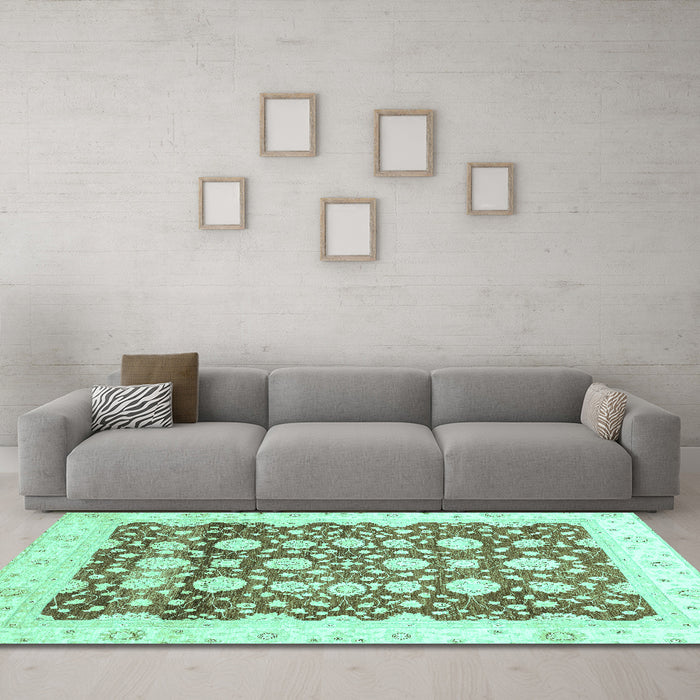 Machine Washable Oriental Turquoise Traditional Area Rugs in a Living Room,, wshabs3349turq