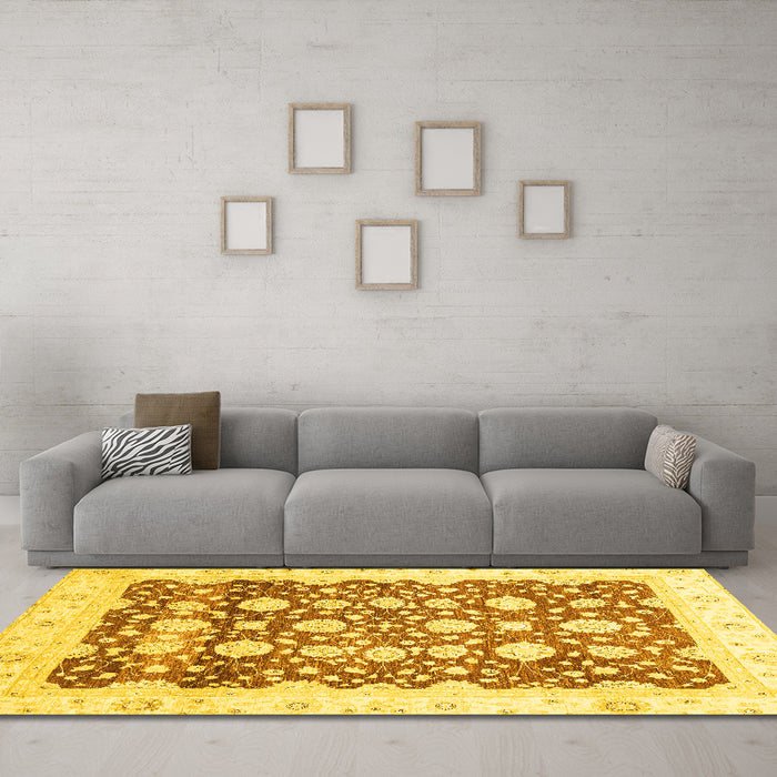 Machine Washable Oriental Yellow Traditional Rug in a Living Room, wshabs3349yw