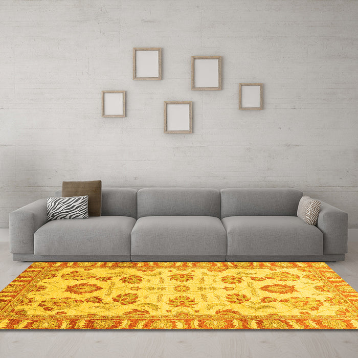 Machine Washable Oriental Yellow Traditional Rug in a Living Room, wshabs3350yw