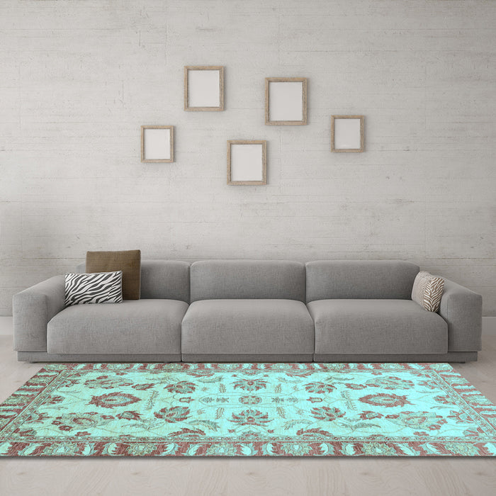 Machine Washable Oriental Light Blue Traditional Rug in a Living Room, wshabs3350lblu
