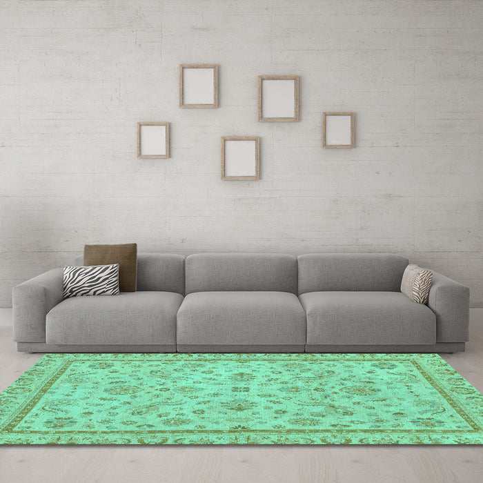 Machine Washable Oriental Turquoise Traditional Area Rugs in a Living Room,, wshabs3351turq
