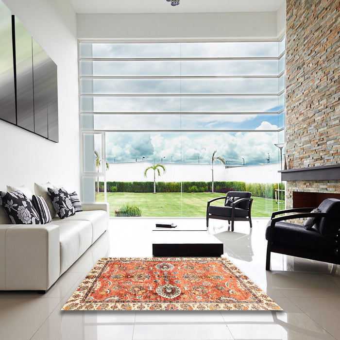 Square Abstract Red Oriental Rug in a Living Room, abs3353