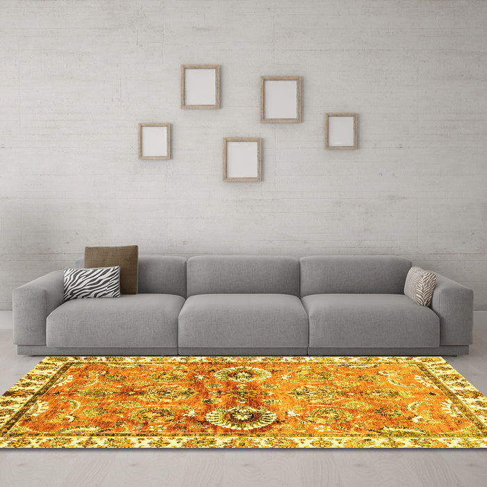 Machine Washable Oriental Yellow Traditional Rug in a Living Room, wshabs3353yw