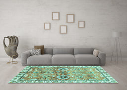 Machine Washable Oriental Turquoise Traditional Area Rugs in a Living Room,, wshabs3353turq
