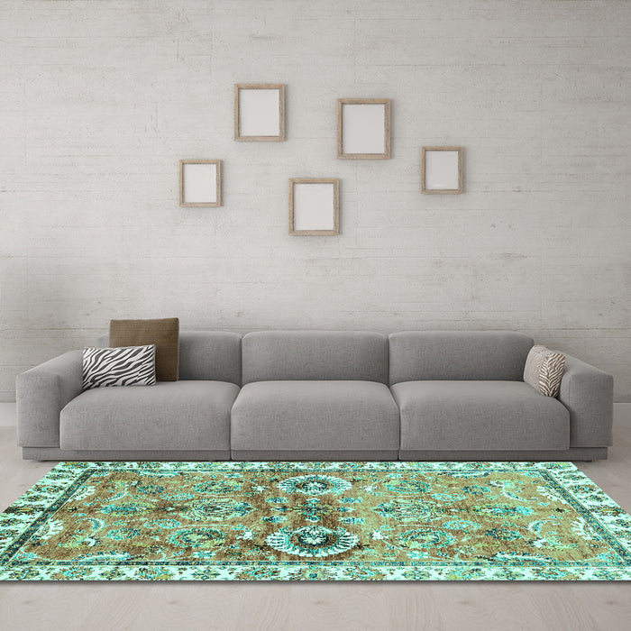 Machine Washable Oriental Turquoise Traditional Area Rugs in a Living Room,, wshabs3353turq