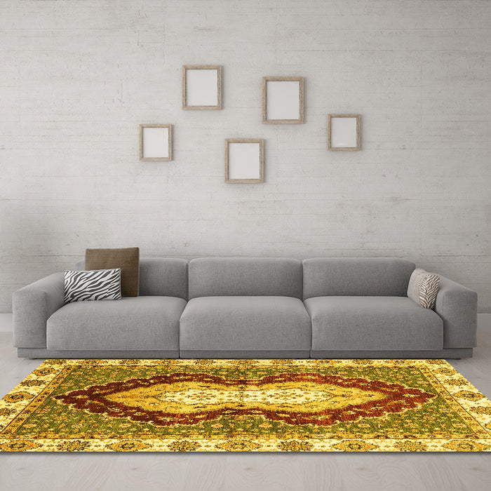 Machine Washable Abstract Yellow Modern Rug in a Living Room, wshabs3355yw