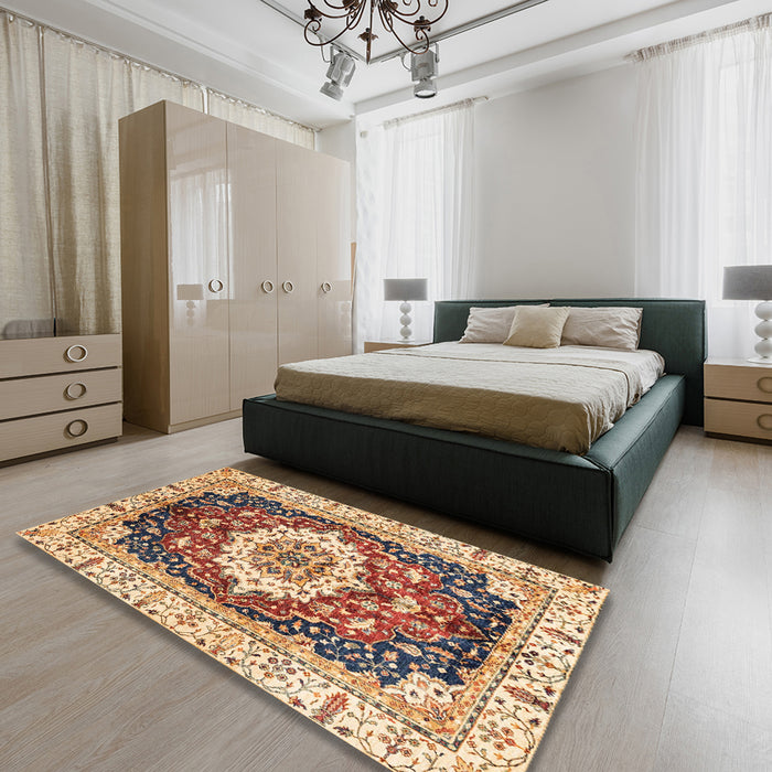 Machine Washable Abstract Brown Red Rug in a Bedroom, wshabs3356